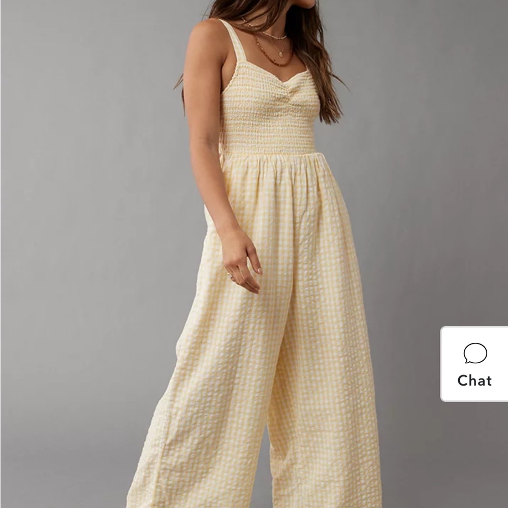 ISO Yellow American Eagle Sweetheart Smocked Jumpsuit
